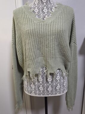 Distressed Oversized Cropped Sweater XL Sage Green By No Comment